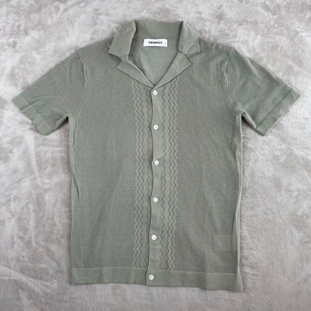 VENROY Shirt Men Small Green Knitted Button UP Short Sleeve Designer NWOT $170